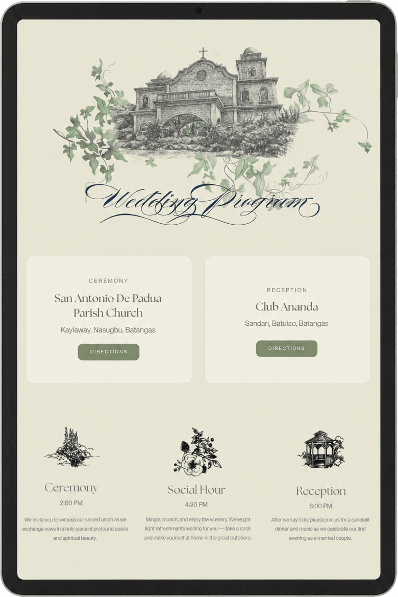 Wedding website shown on a tablet