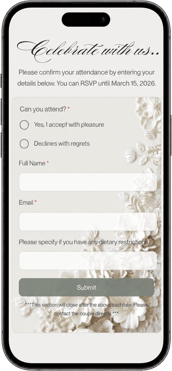 Wedding website shown on a phone